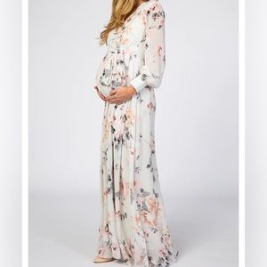 Pink blush ivory floral chiffon maternity maxi dress plus size